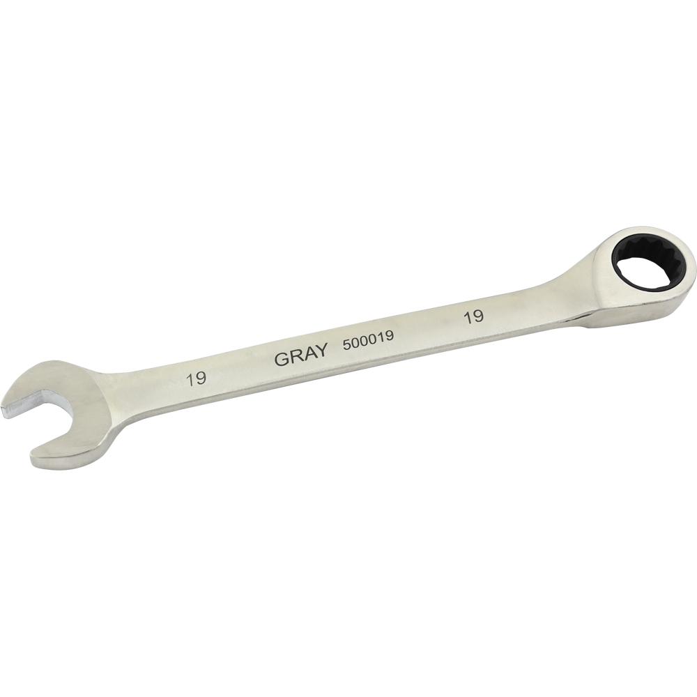 19mm Combination Fixed Head Ratcheting Wrench, Stainless Steel Finish
