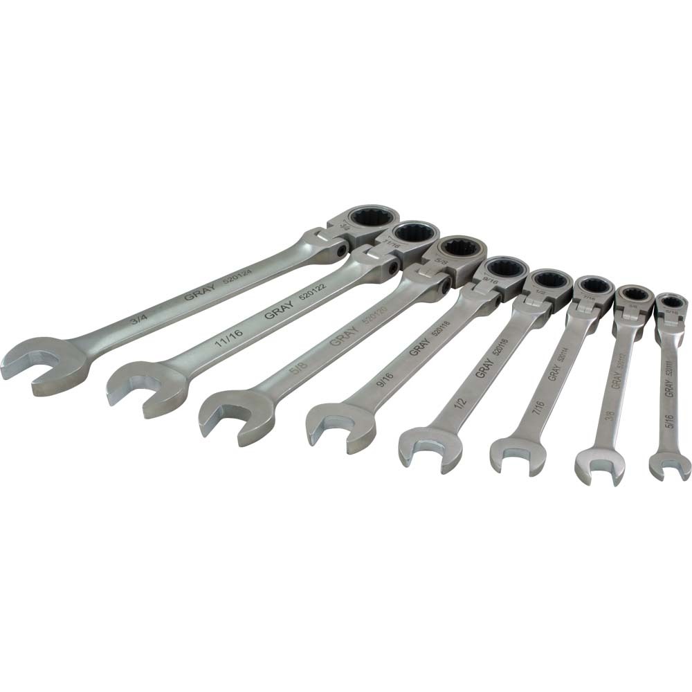 8 Piece SAE, Combination Flex Head, Ratcheting Wrench Set, 5/16&#34; - 3/4&#34;