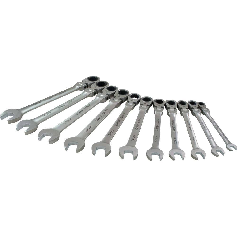11 Piece Metric, Combination Flex Head, Ratcheting Wrench Set, 8mm - 19mm