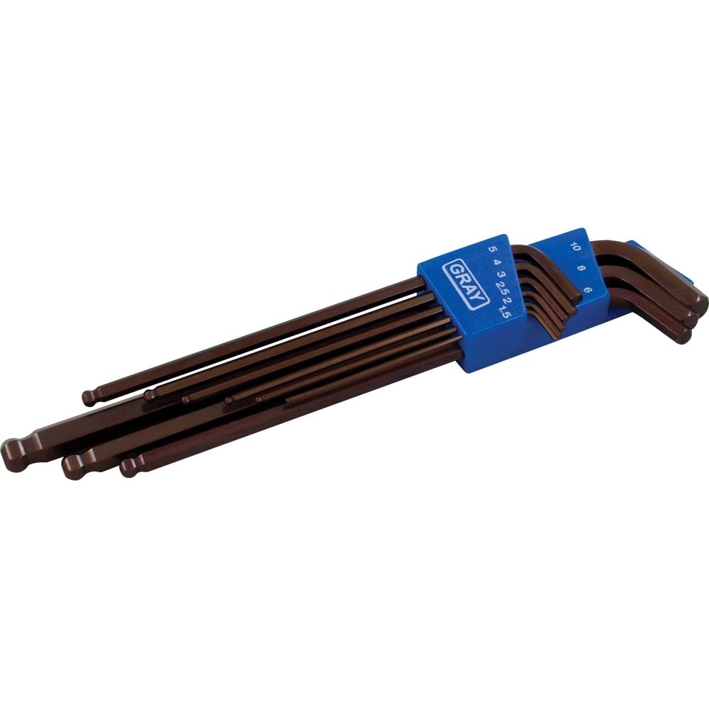 9 Piece Metric, Extra Long Arm Ball S2 Hex Key Set, 1.5mm - 10mm