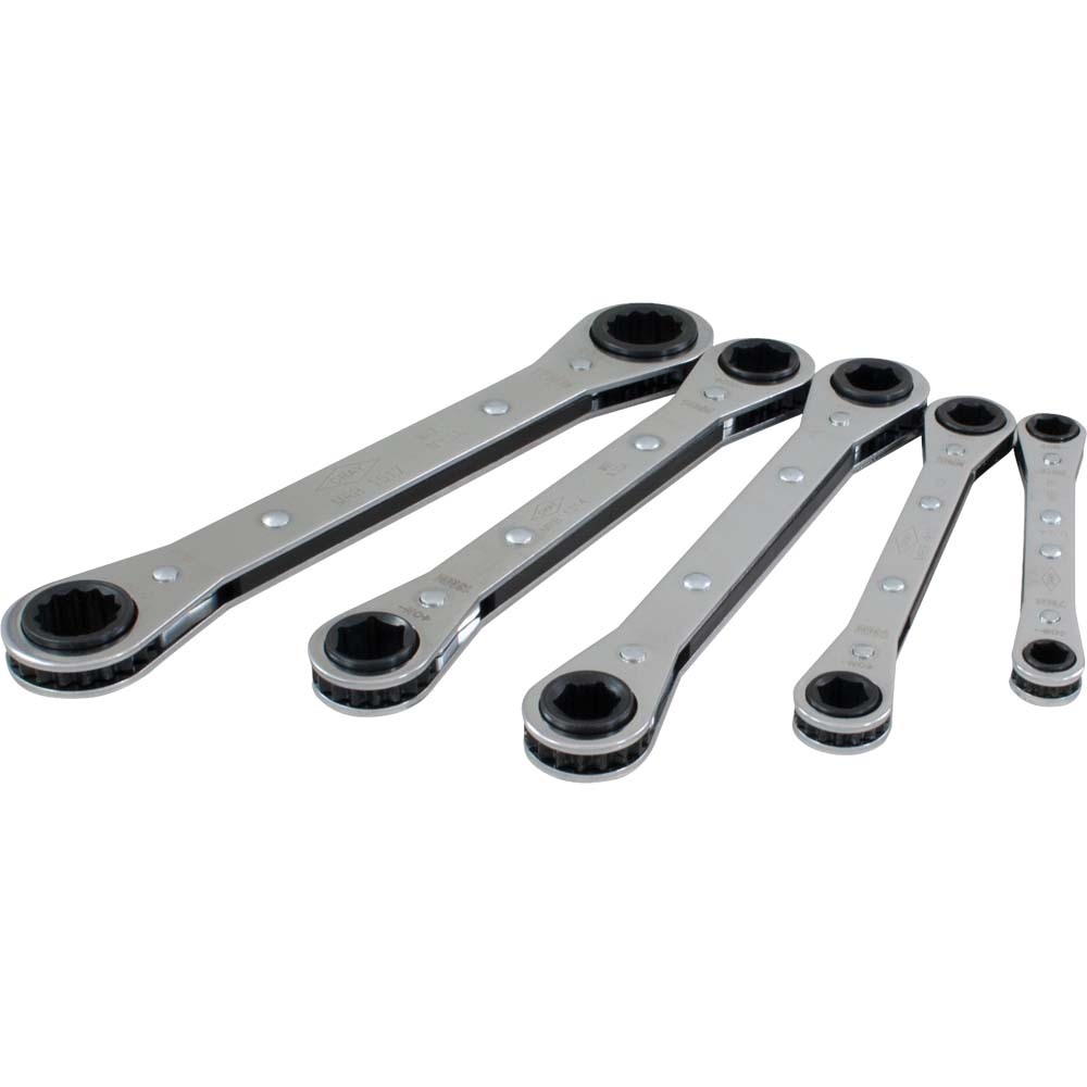 5 Piece 6 & 12 Point Metric, Flat Ratcheting Box Wrench, 7mmx8mm - 15mmx17mm