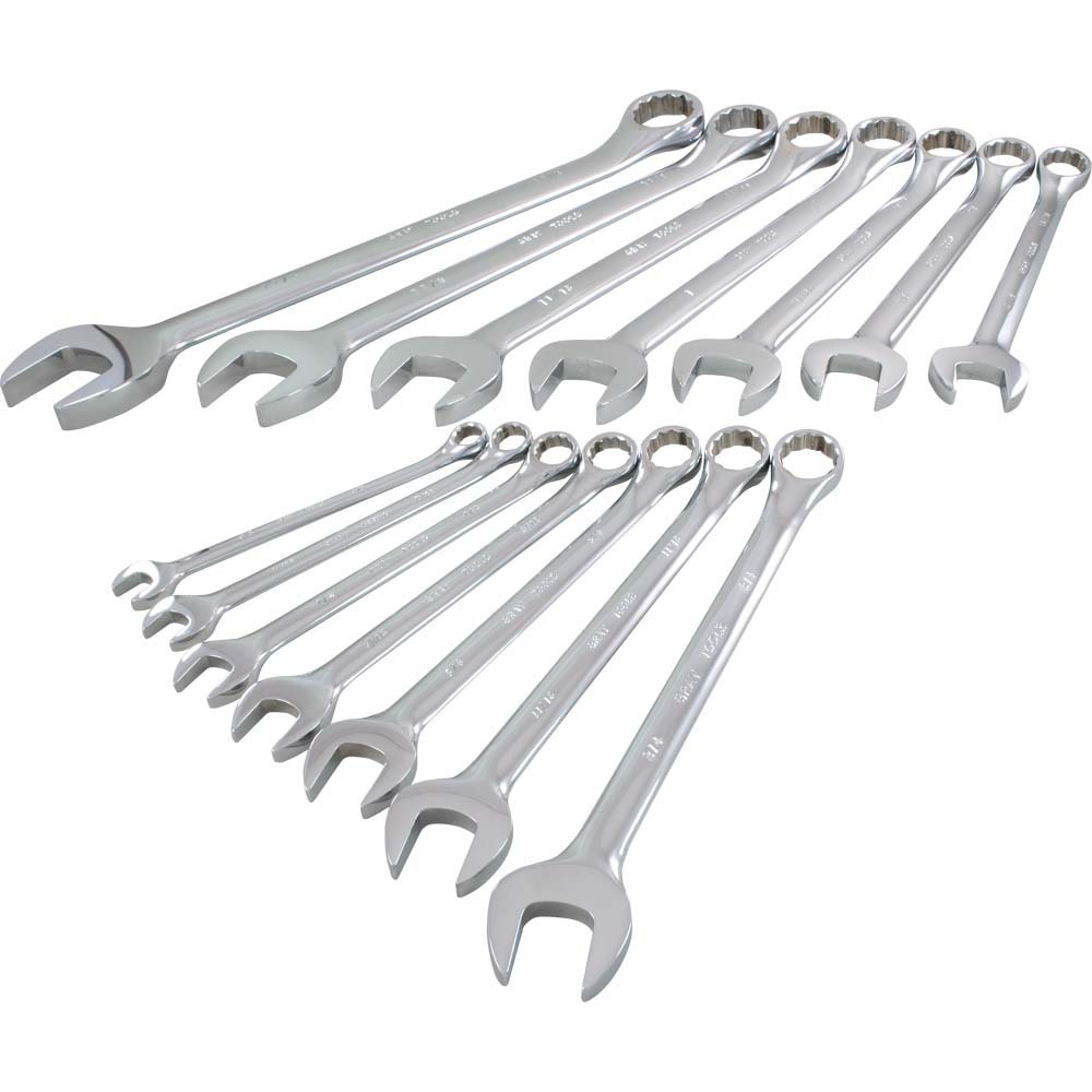 14 Piece 12 Point SAE, Mirror Chrome, Combination Wrench Set, 3/8&#34; - 1-1/4&#34;