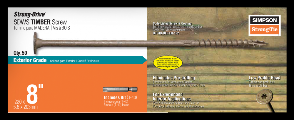 Strong-Drive® SDWS™ TIMBER Screw (Exterior Grade) - 0.220 in. x 8 in. T40, Tan (50-Qty)