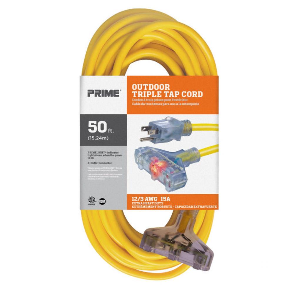 50&#39; 12/3 SJTW Yellow Triple Tap, Lighted End