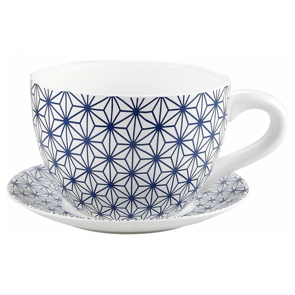 Tea Cup Planter & Saucer Blue Stars 10in (25.4cm)