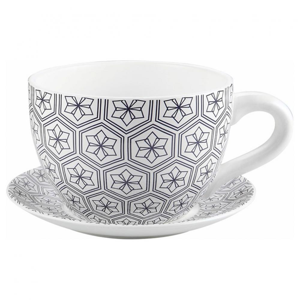Tea Cup Planter & Saucer Black Hexagons 9in (23cm)