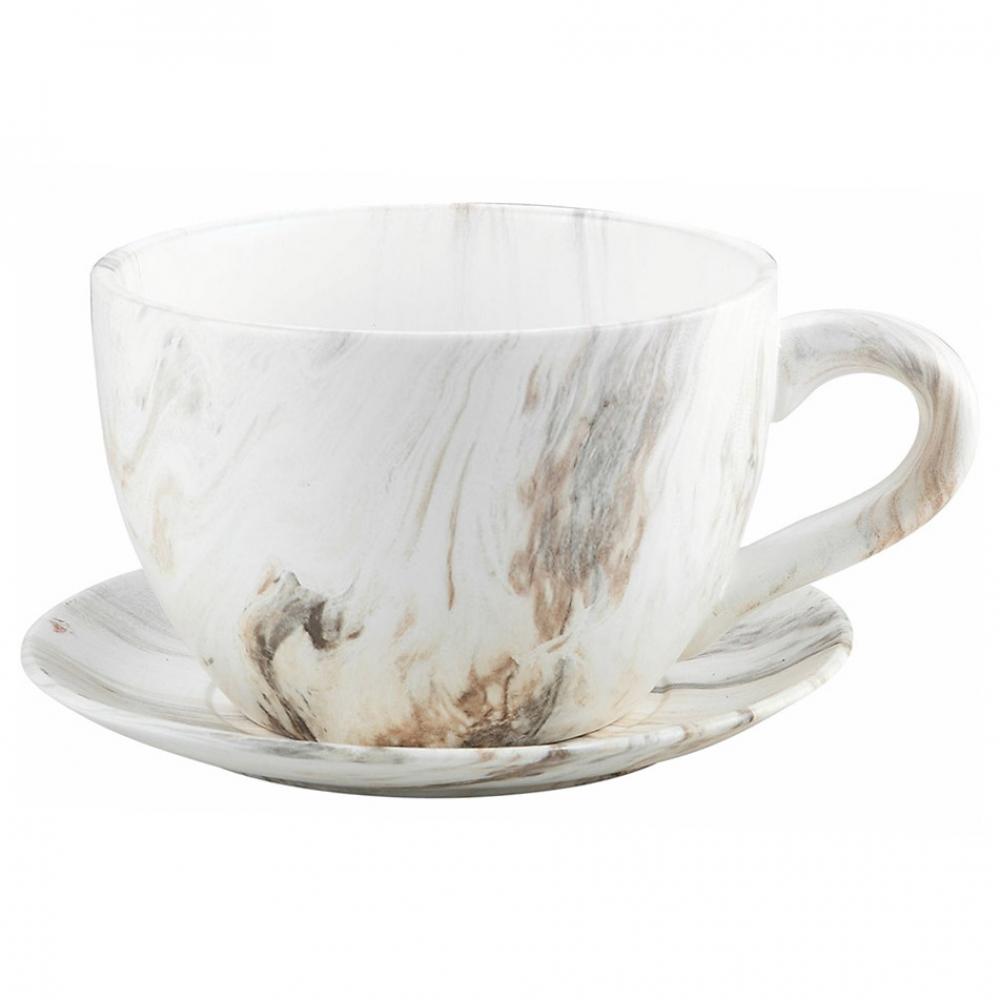 Tea Cup Planter & Saucer Calacatta 10in (25.4cm)