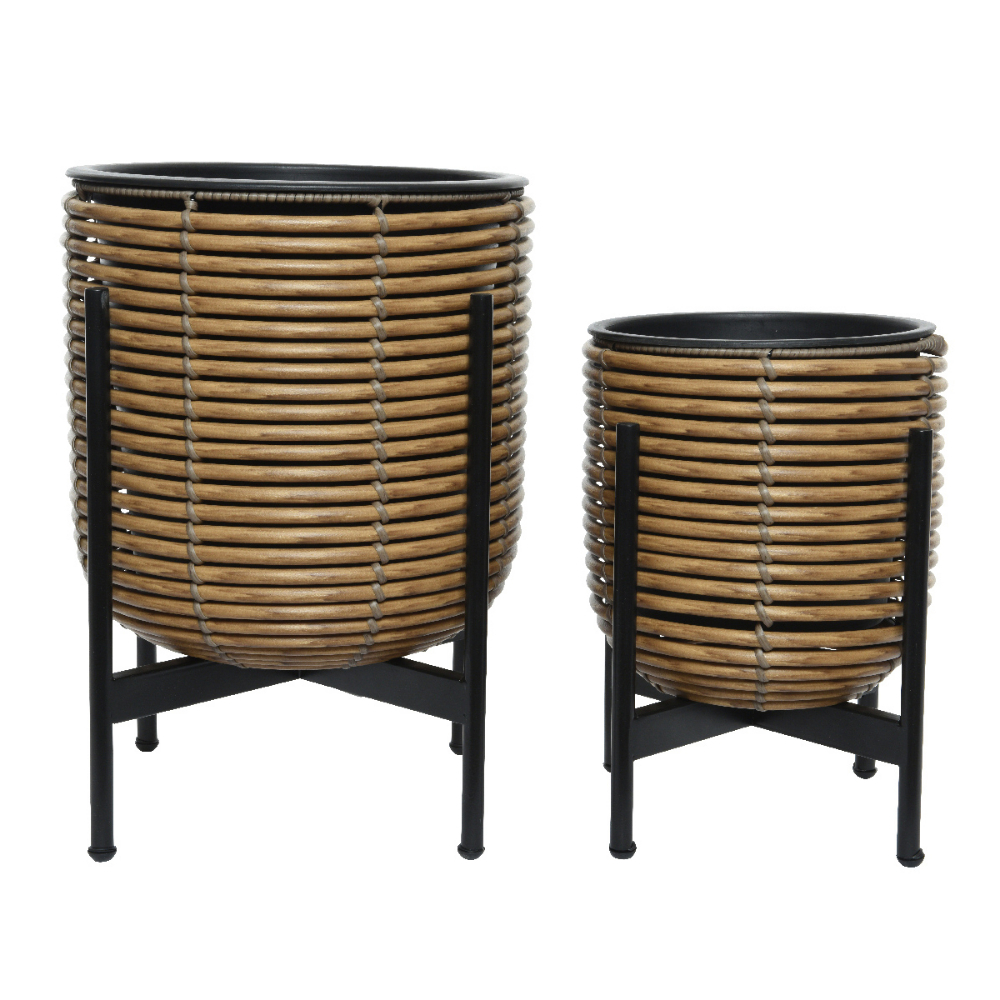 2Pc Jolie Polyrattan Footed Round Planter Set Light Brown