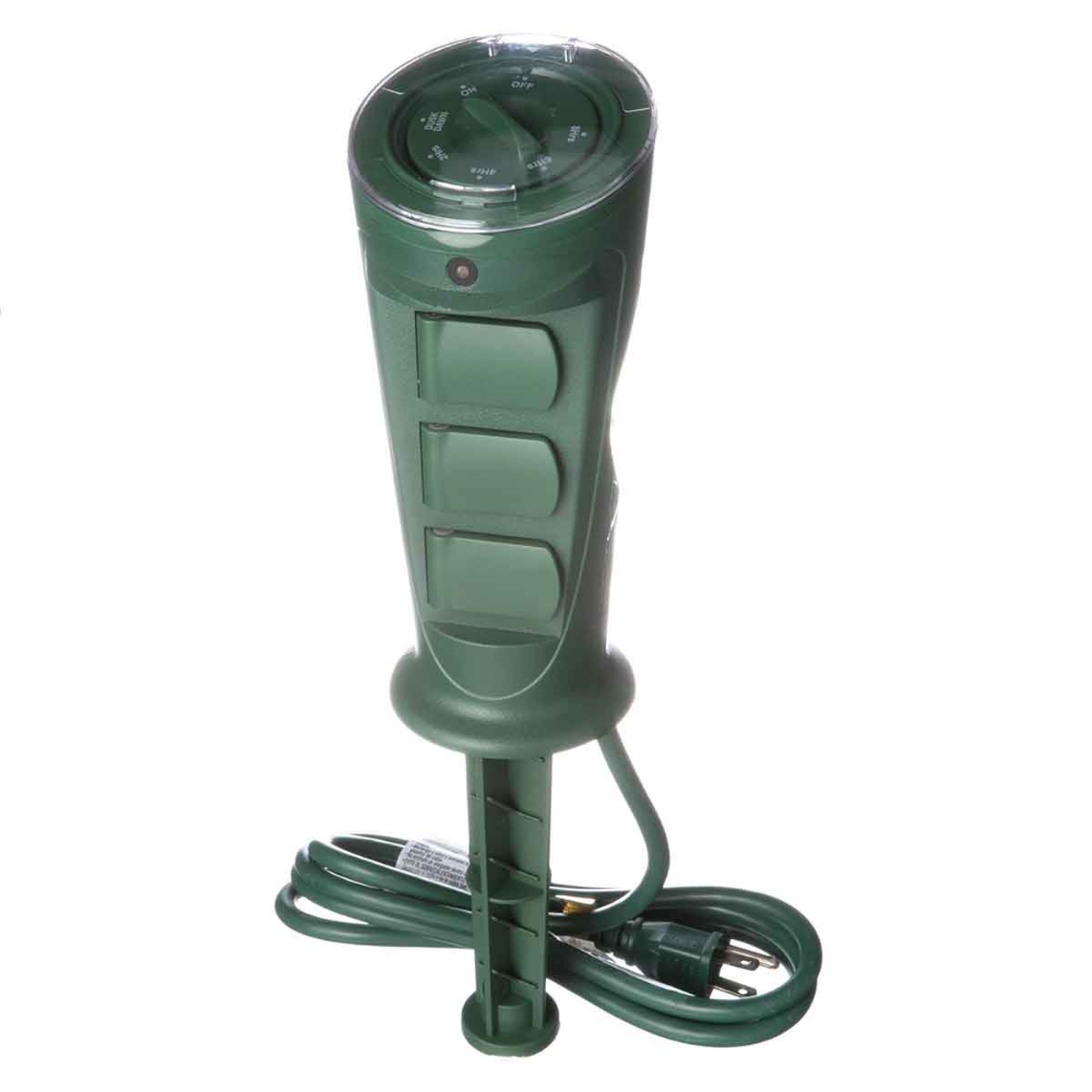 Outdoor Yard Stake 3-Outlet with Photocell & Built in Timer