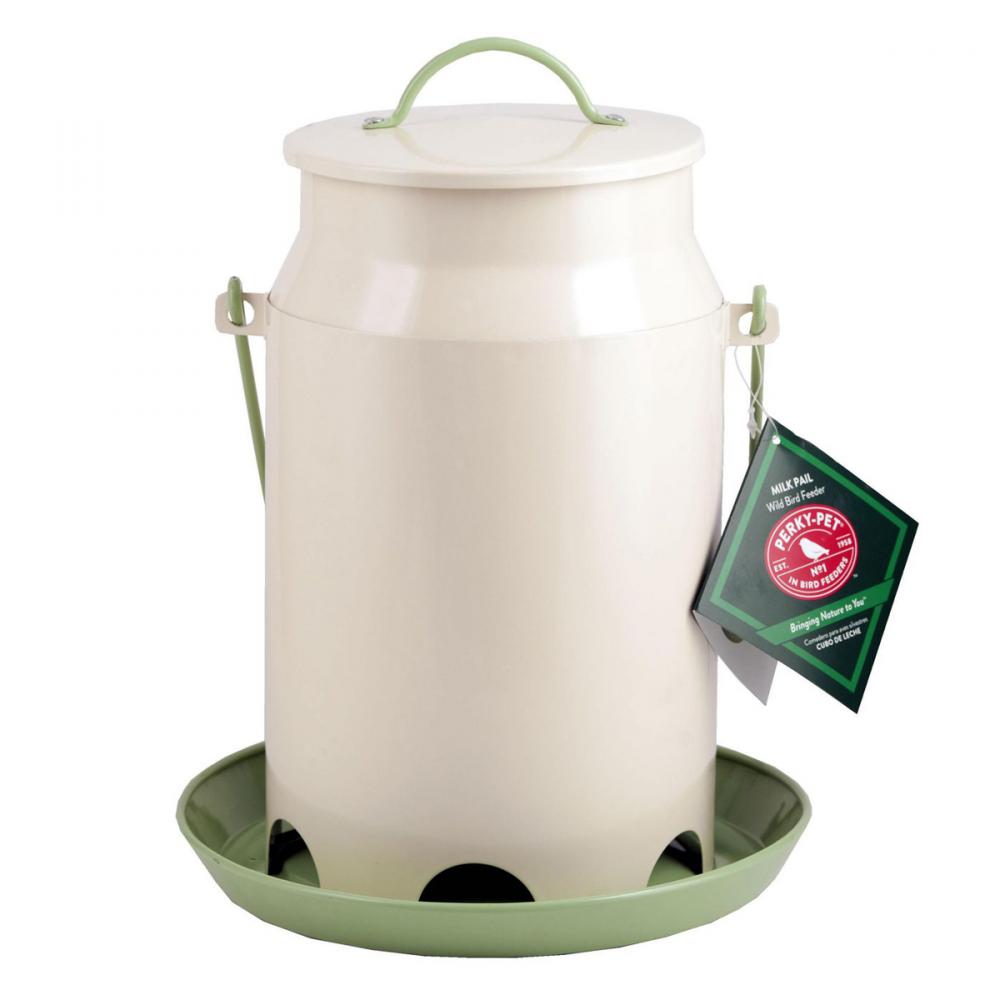 Wild Bird Feeder Metal Milk Pail White Holds 5Lbs of Seeds