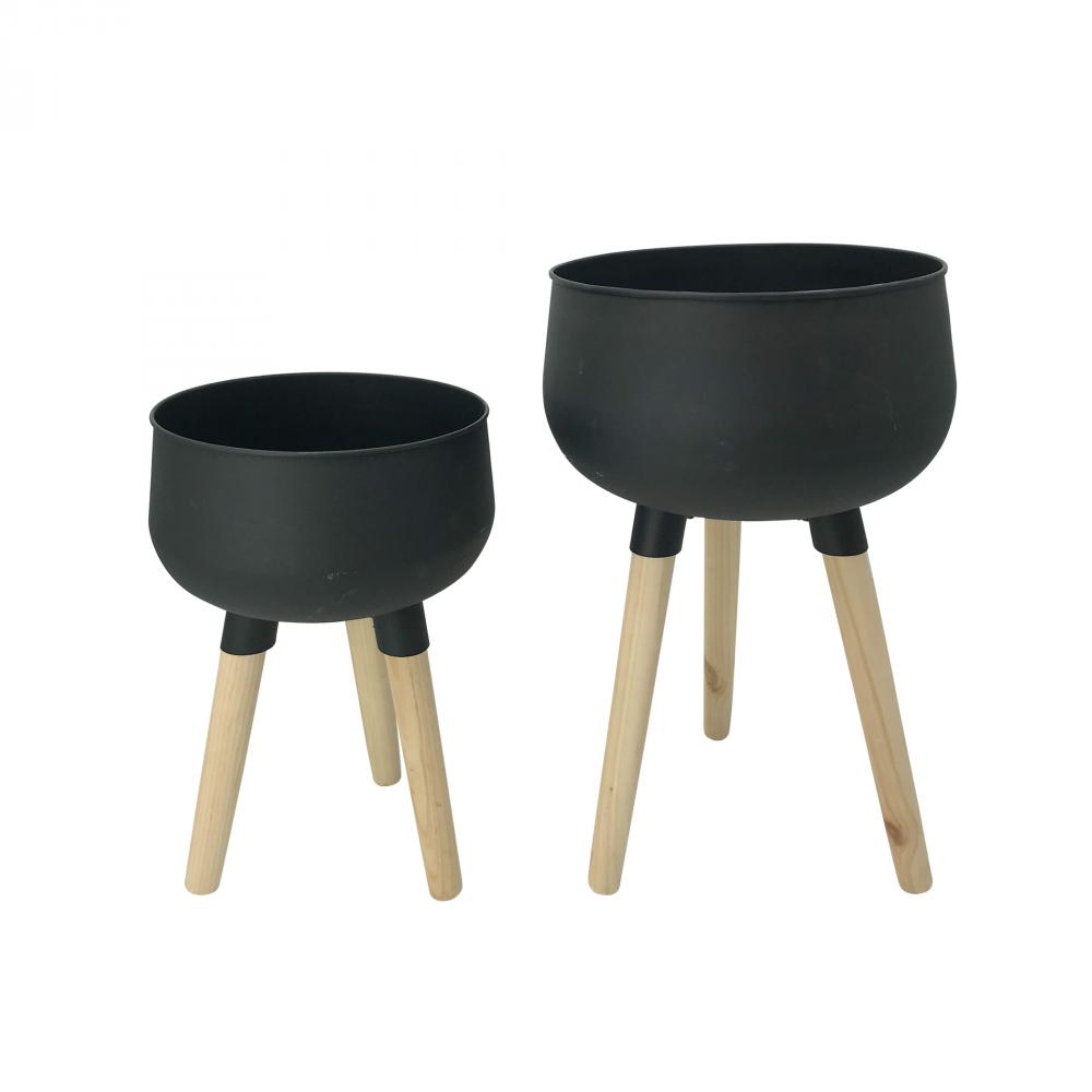2Pk Boho Metal Planters on Legs  11.2x11.2.18.3in Black