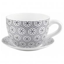 Toolway 184225 - Tea Cup Planter & Saucer Black Hexagons 10in (25.4cm)