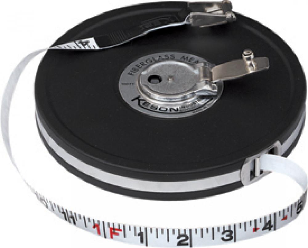 100 FT, UNITS: IN, 1/8, AND FT, 1/10, 1/100, FIBERGLASS TAPE MEASURE CLOSED CASE