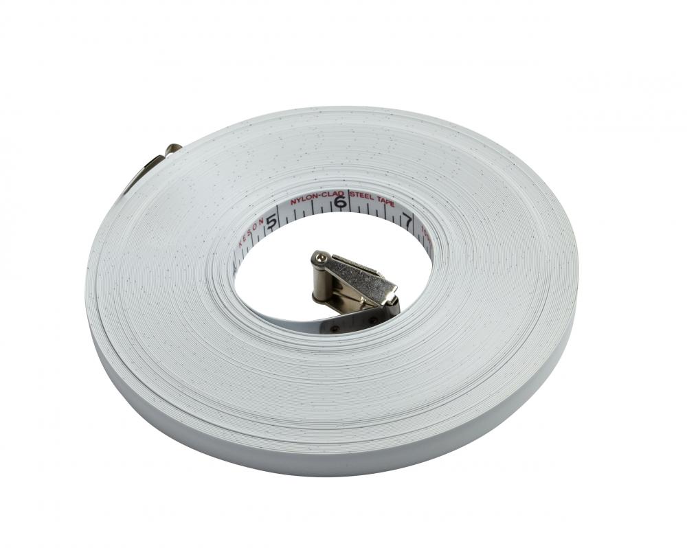 100 FT, UNITS: IN, 1/8, 2X NYLON COATED STEEL TAPE WITH HOOK