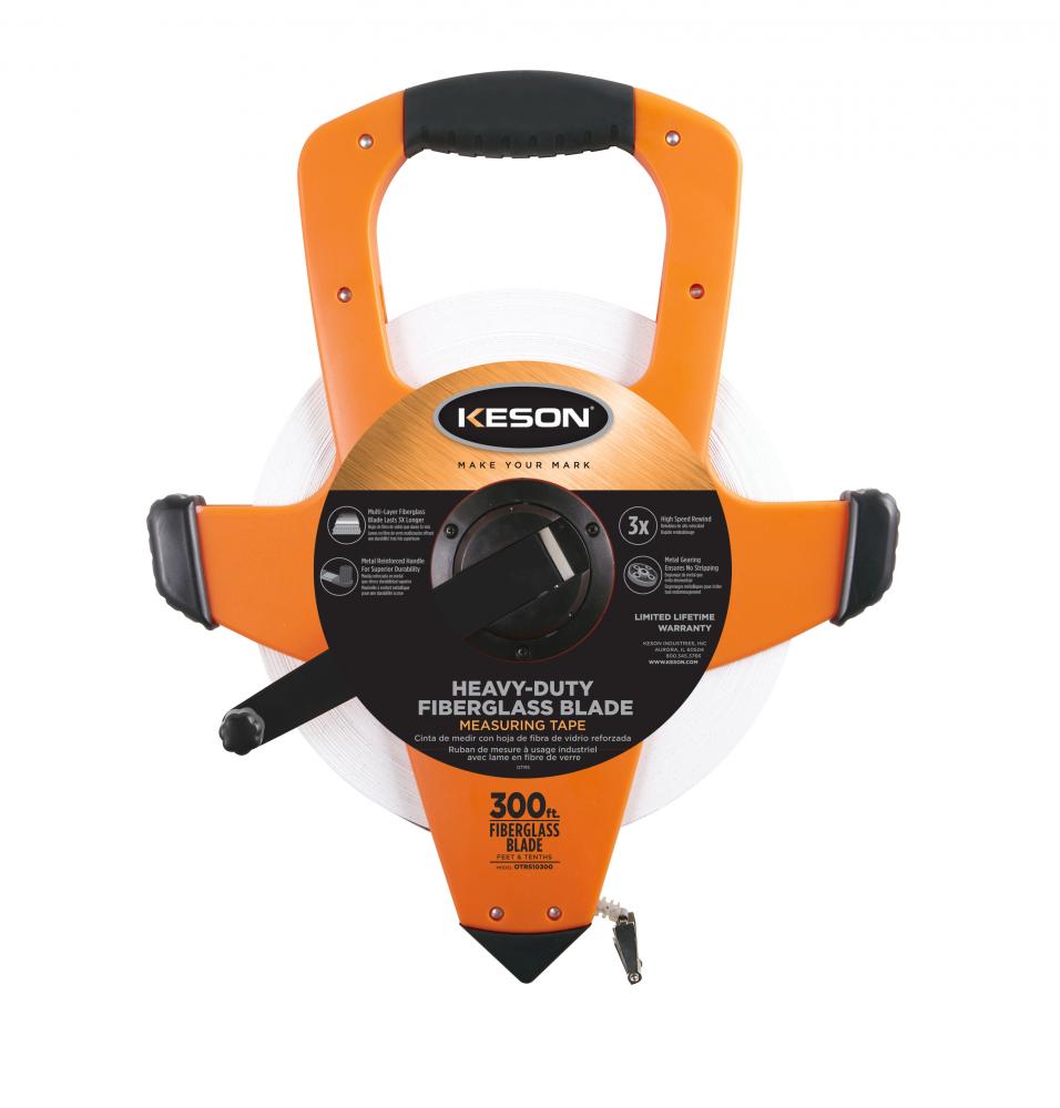 300 FT, UNITS: 1/10, 1/10 FIBERGLASS TAPE MEASURE WITH HOOK 3X1 REWIND