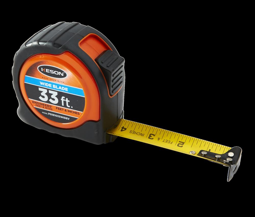 33 FT x 1 3/16 IN, WIDE, NYLON COATED STEEL , UNITS: FT, 1/10, 1/100, & FT, IN, 1/8, 1/16, ORANGE