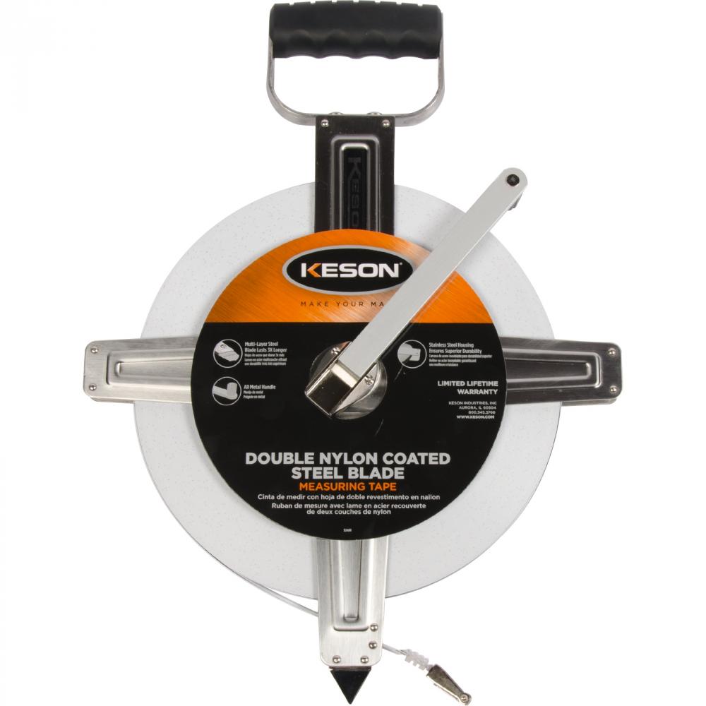 300 FT, UNITS: IN, 1/8, 2X NYLON COATED STEEL TAPE WITH HOOK STAINLESS STEEL HOUSING