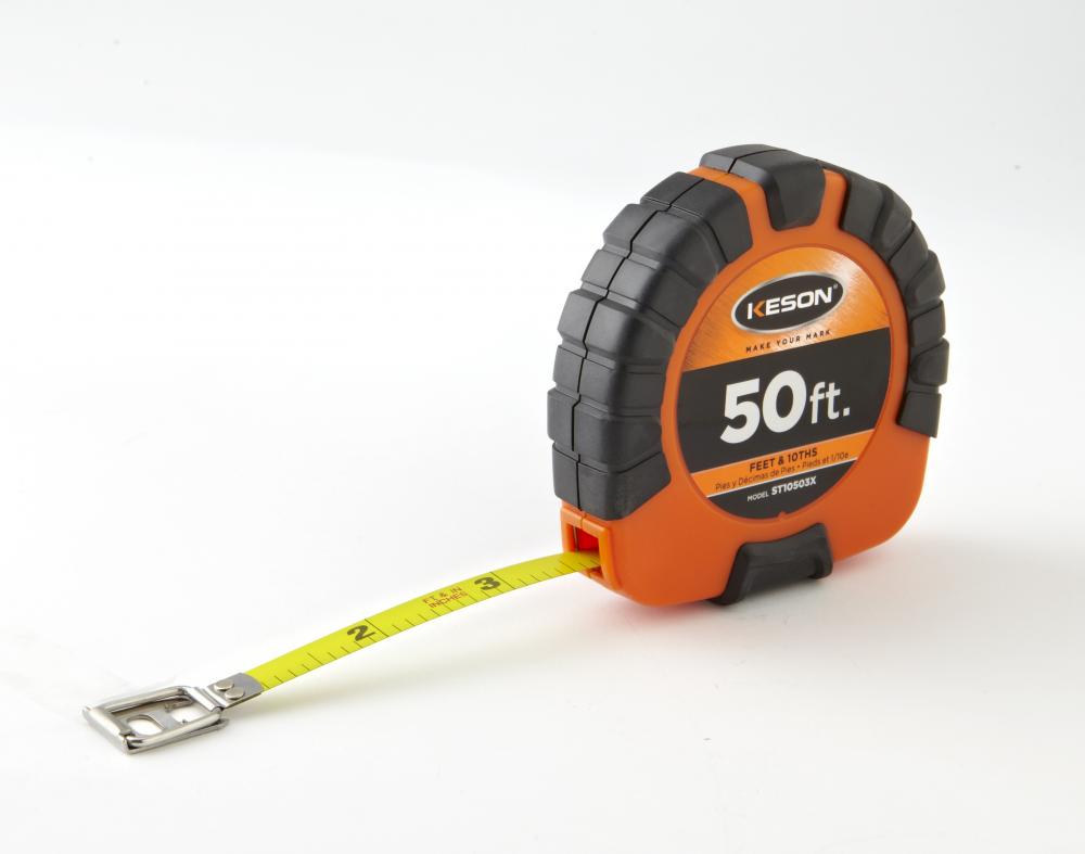 50 FT, UNITS: IN, 1/8, AND METRIC LACQUER COATED STEEL TAPE WITH HOOK 3X1 REWIND