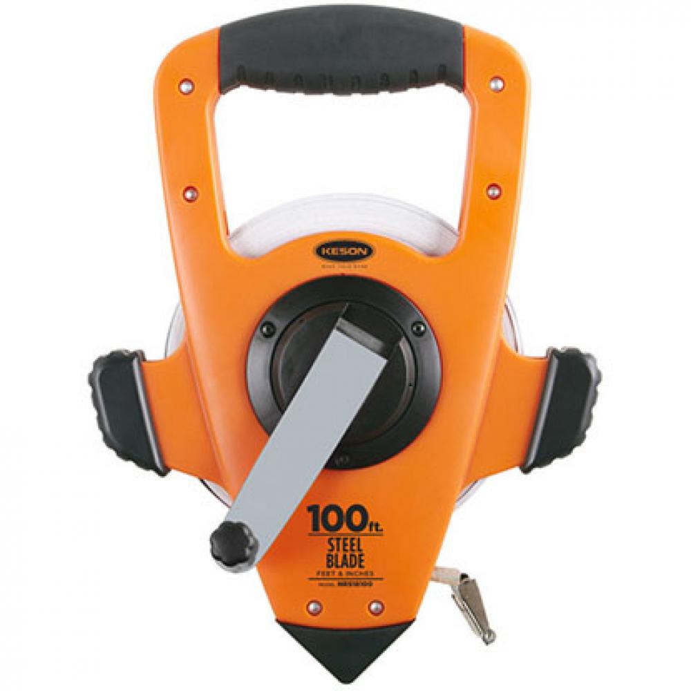 300 FT, UNITS: 1/10, 1/100, 2X NYLON COATED TAPE 3X1 REWIND MEASURE WITH HOOK
