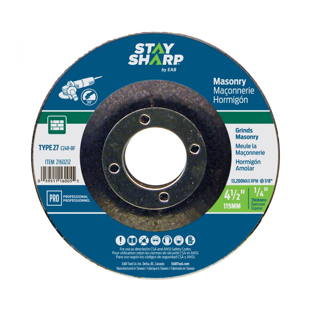 4 1/2&#34; x 1/4&#34;  Depressed Center Wheel Masonry Grinding Flat Wheel Type 27